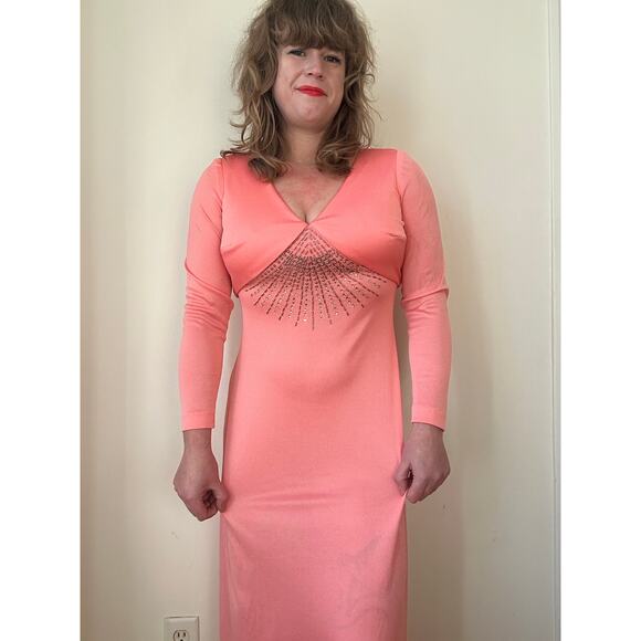 Seymour paisin Dresses & Skirts - 1970s 70s vintage pink maxi dress gown Dolly Parton rhinestone stud bubblegum